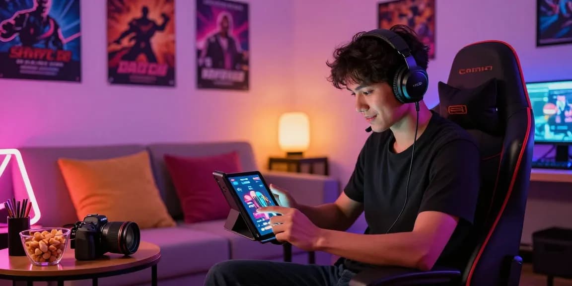 Engaging gamer enjoying mobile porn games in a cozy bedroom setting.