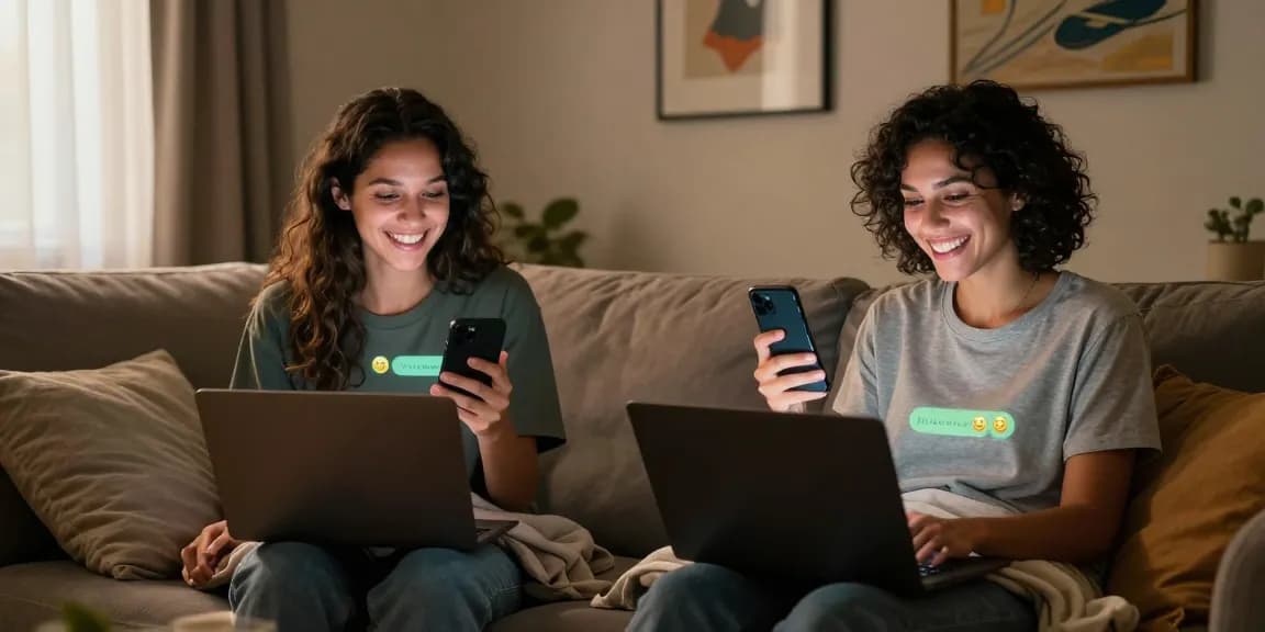 Engaging ai sex chat scene with a couple enjoying intimate virtual interaction in a cozy setting, highlighting modern connection.