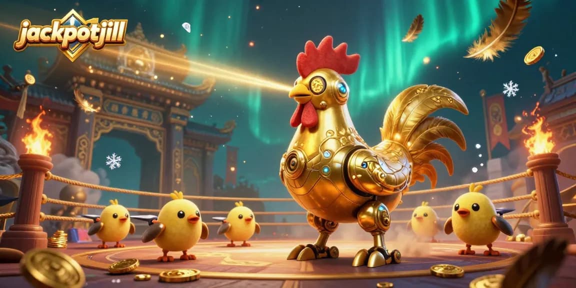Experience thrilling gaming action at jackpotjill with a vibrant 3D illustration of a robot rooster immersed in a dynamic casino scene.