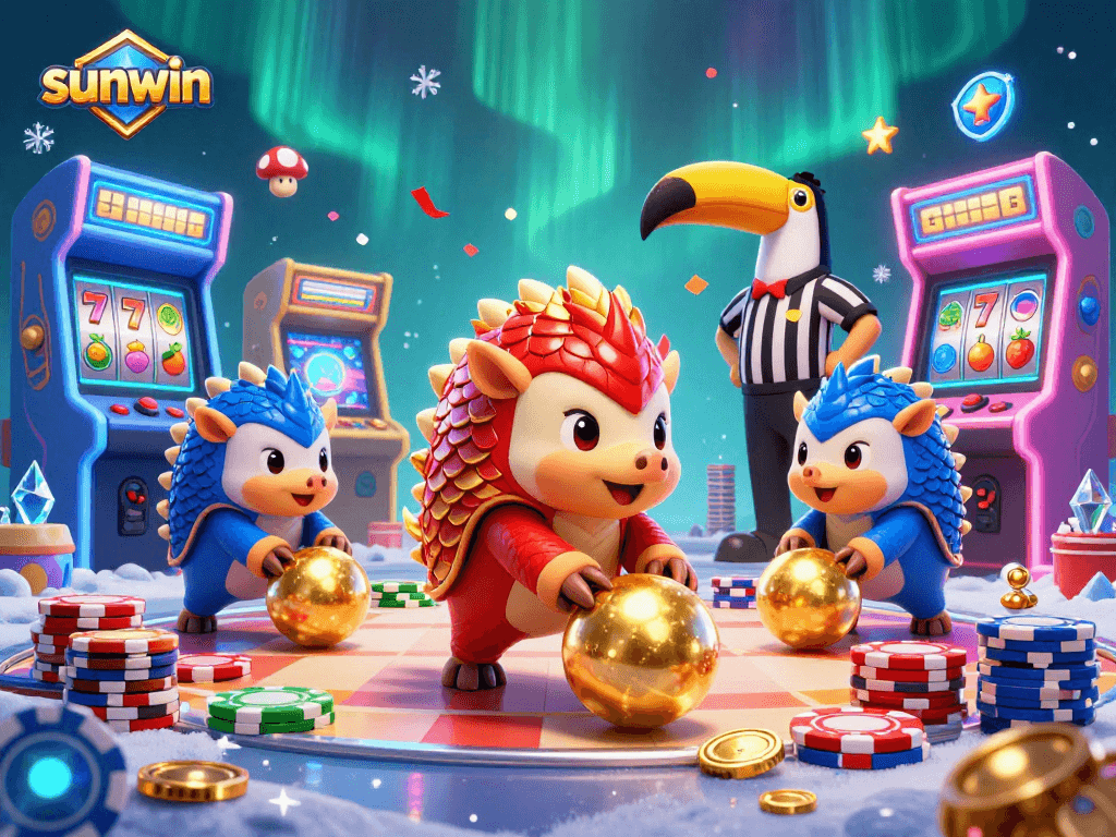 Engage in vibrant sunwin casino action as pangolins roll golden balls past poker chips.