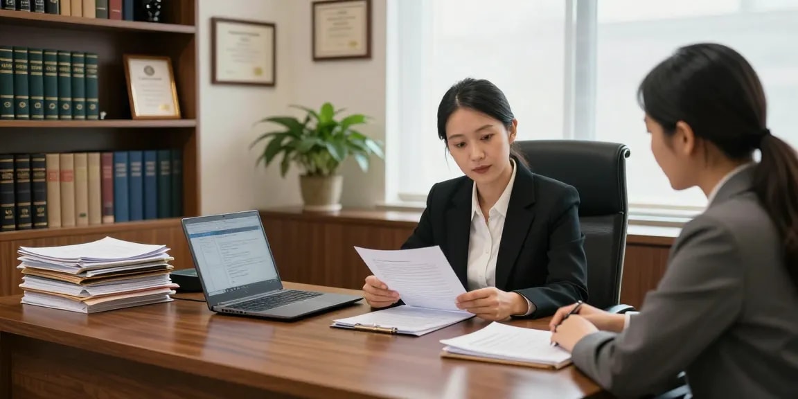 Engaging legal consultation scene in a warm office setting, showcasing an informative post on legal support.