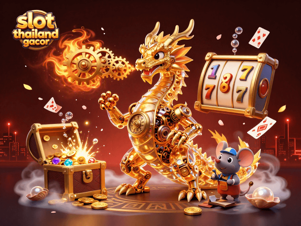 Play thrilling slot games with slot thailand gacor featuring a golden dragon, coins, and vibrant symbols.