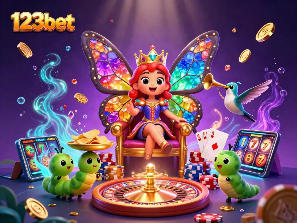 Win exciting prizes at 123bet with a vibrant casino scene featuring colorful games and dynamic action!