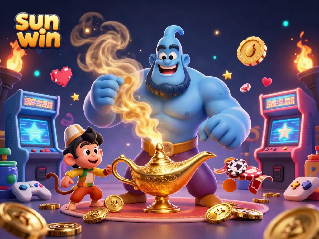 Experience the magic of sun win with a genie and poker chips in this vibrant casino scene