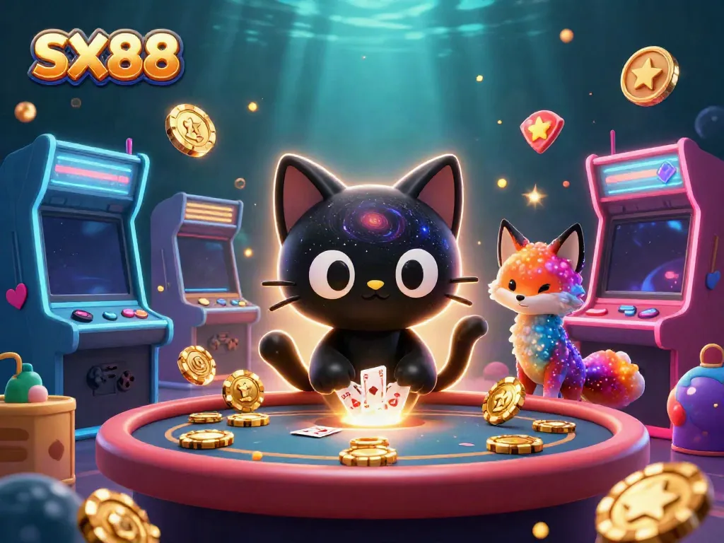 SX88 cat pulls chips and cards at a cosmic casino, featuring vibrant game elements.