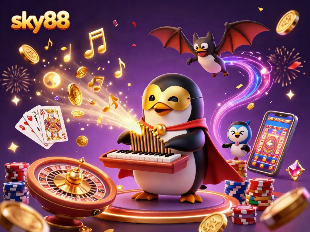 Experience thrilling action at sky88 with a ghostly penguin playing organ, shooting golden coins.