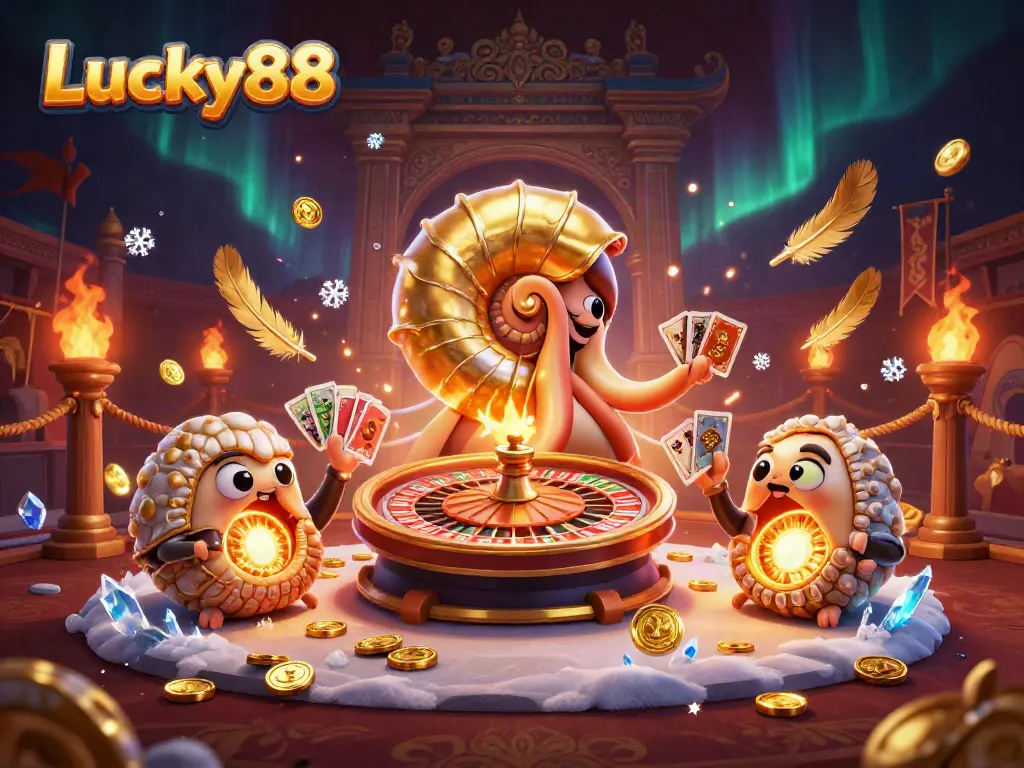 Experience thrilling gameplay with Lucky88 featuring a giant nautilus, cards, and vibrant casino elements.