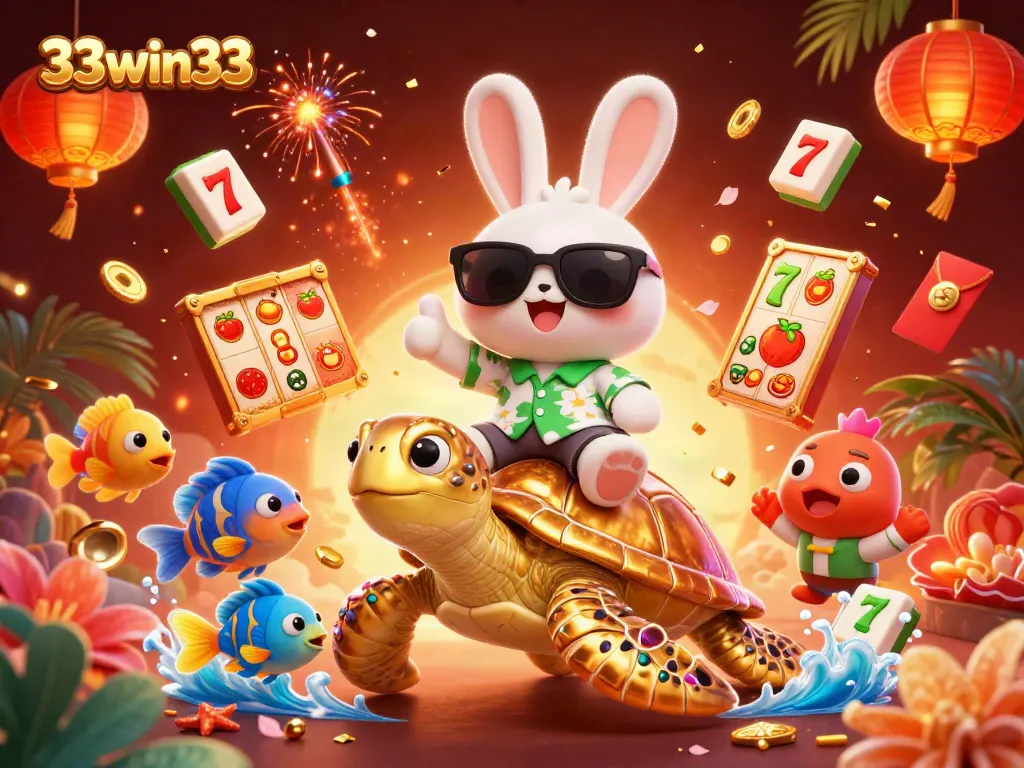 Experience thrilling wins with 33win33 in this dynamic casino-themed illustration featuring vibrant slots and characters.