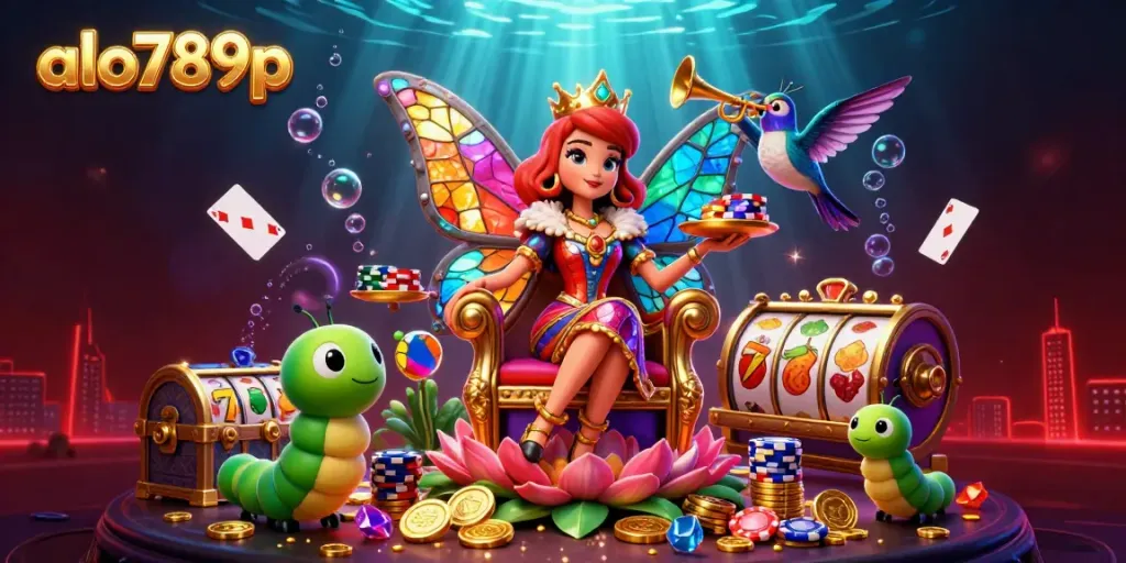 Experience the excitement of alo789p through vibrant casino elements and characters in a dynamic 3D illustration.