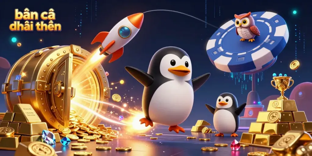Experience the thrill of bắn cá đổi thưởng with a dynamic 3D scene of a golden penguin set against a vibrant casino backdrop.