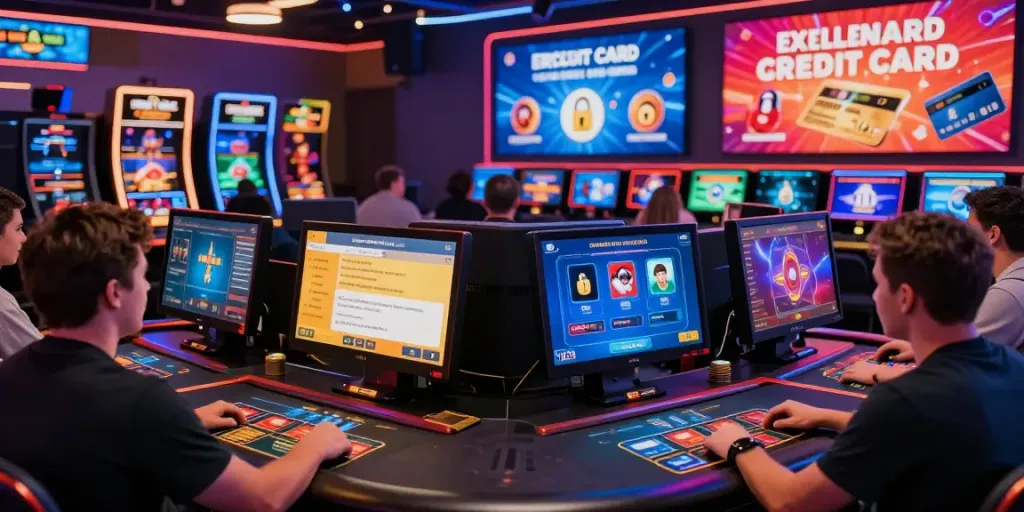 Players enjoying the thrill at casinos that take credit cards, celebrating wins with colorful visuals and secure payment options.