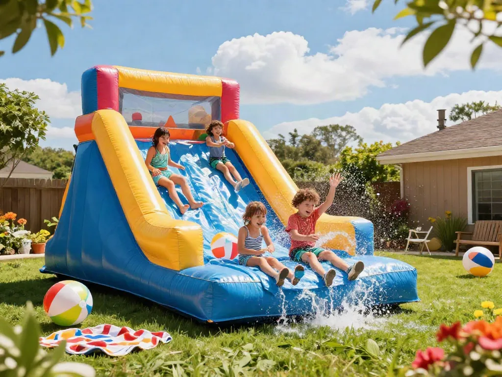 Children enjoying a colourful inflatable water slide in a sunny backyard.