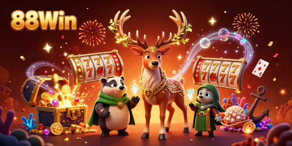 Spin to win at 88Win: Joyful casino scene with the druid stag and badger amidst slot reels and treasure.