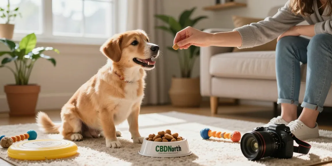 Happy dog excitedly receiving cbd dog treats from CBD North in a bright living room.