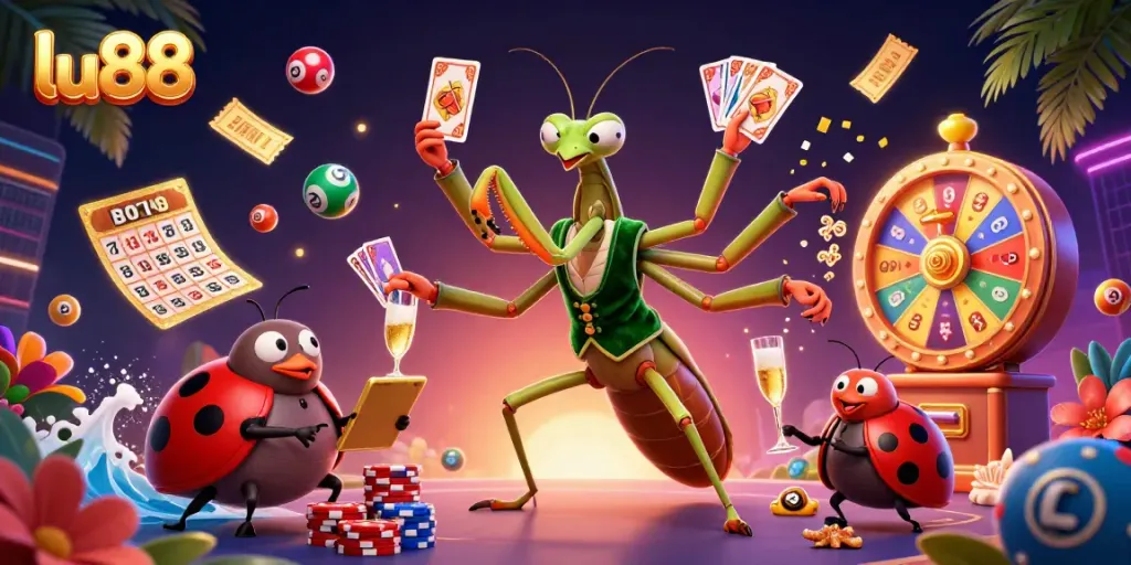 Experience thrilling gameplay with LU88 in this vibrant casino scene featuring card dealing, lottery balls, and dynamic casino elements.