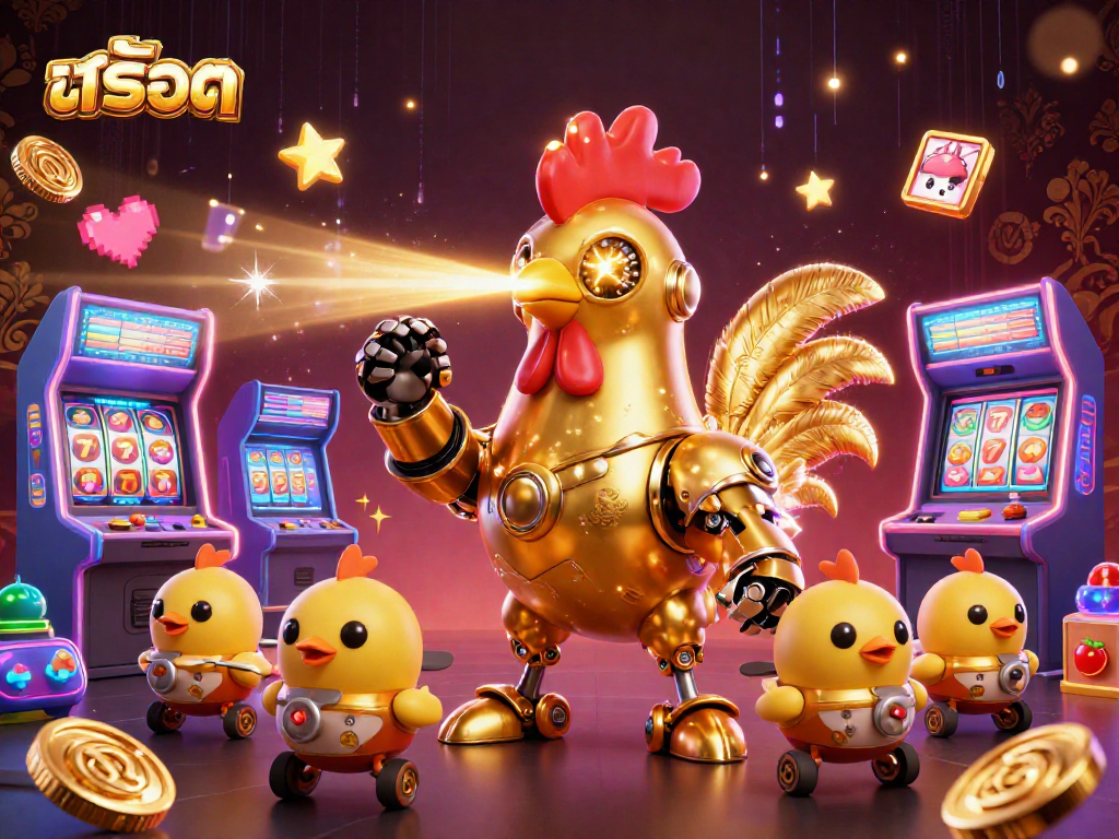 Spin the reels in the vibrant สล็อต arcade with golden rooster robot and baby chick drones!