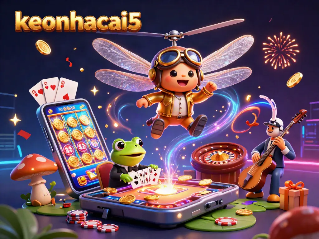 Bet on keonhacai5 with thrilling casino action featuring colorful characters, games, and dramatic elements.