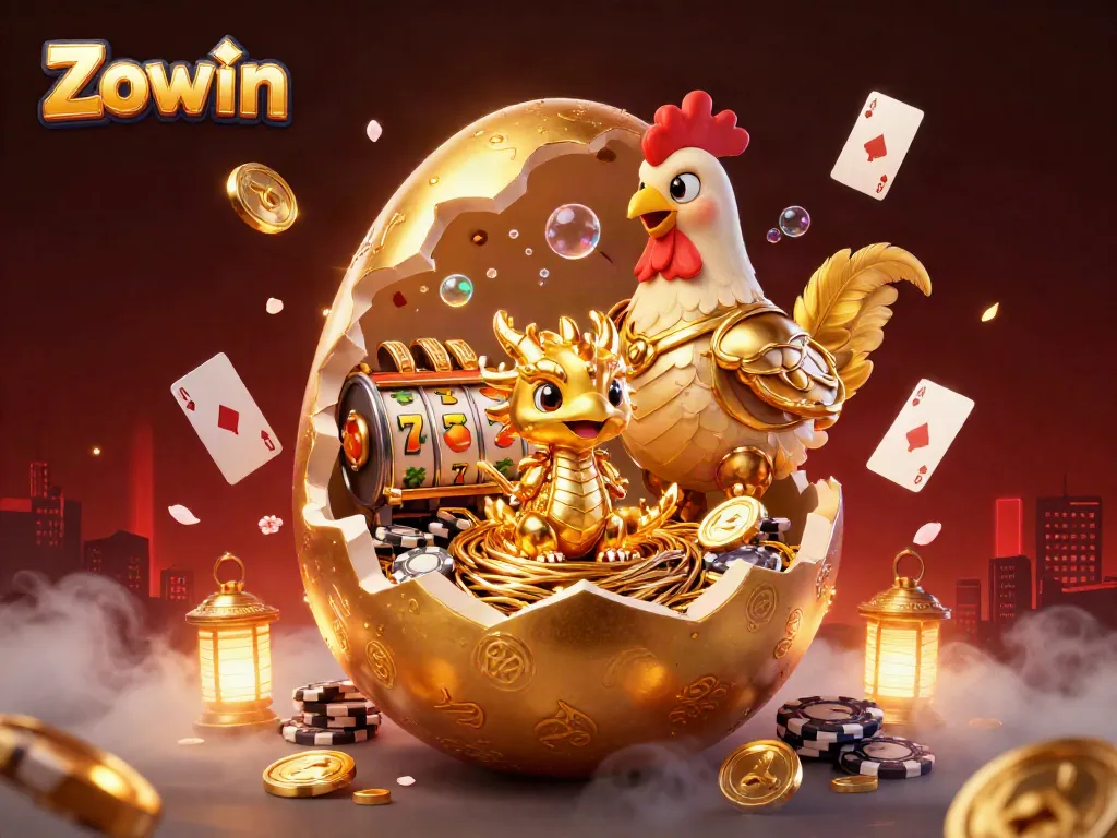 Zowin casino illustration showcasing a golden dragon and poker chips amid vibrant casino elements.