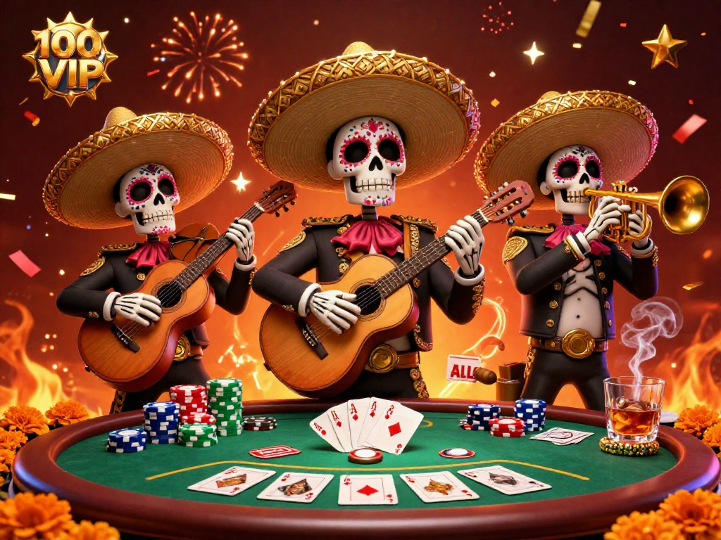 Engage in the vibrant world of 100VIP with festive mariachi characters at a lively poker table.