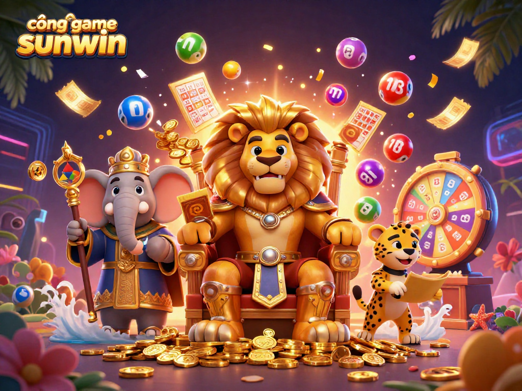Experience the thrill of cổng game sunwin with vibrant games and royal characters in a dynamic casino scene.