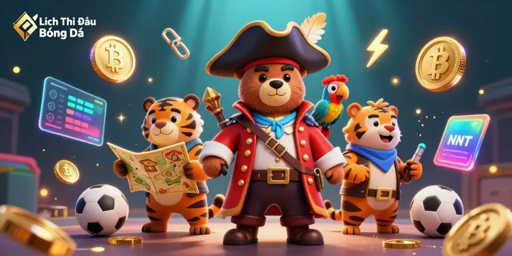 Lịch Thi Đấu Bóng Đá sports betting scene with a cartoon bear captain, tiger, and gold coins.