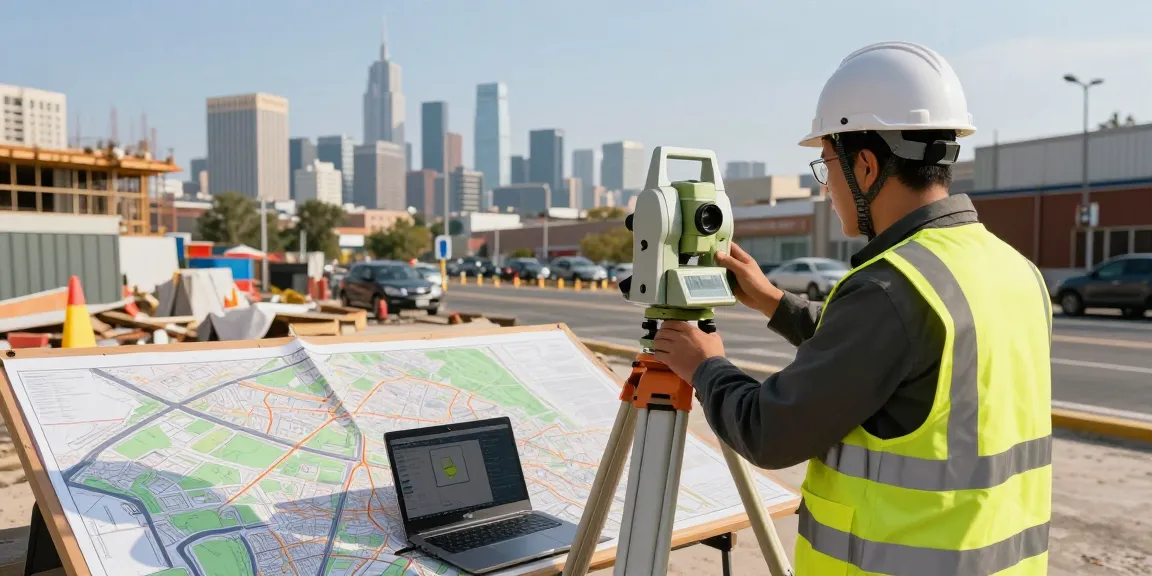 Topographical surveys London with a surveyor using GPS equipment in an urban setting.