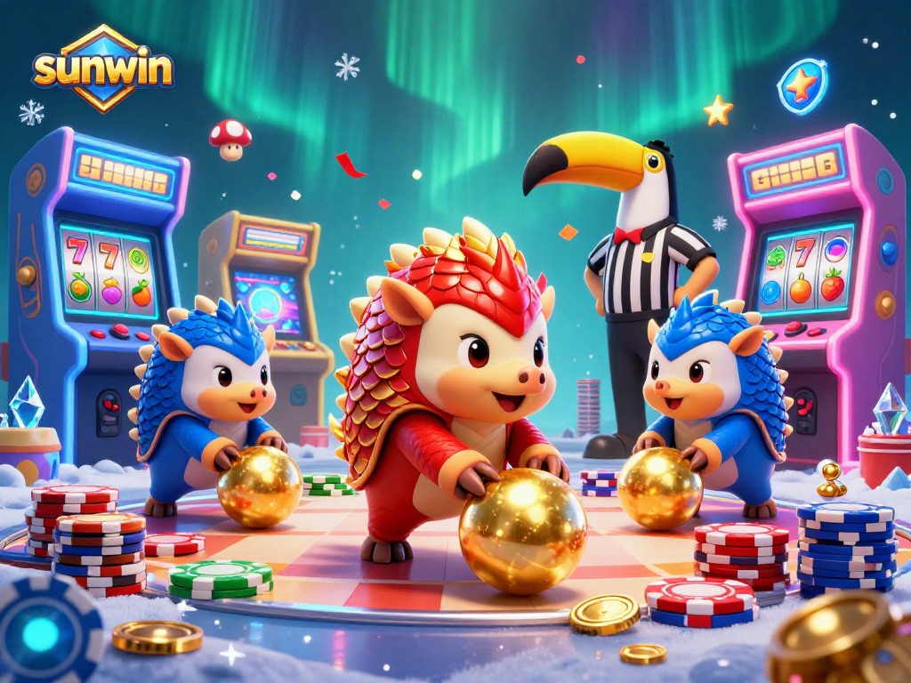 Engage in vibrant sunwin casino action as pangolins roll golden balls past poker chips.