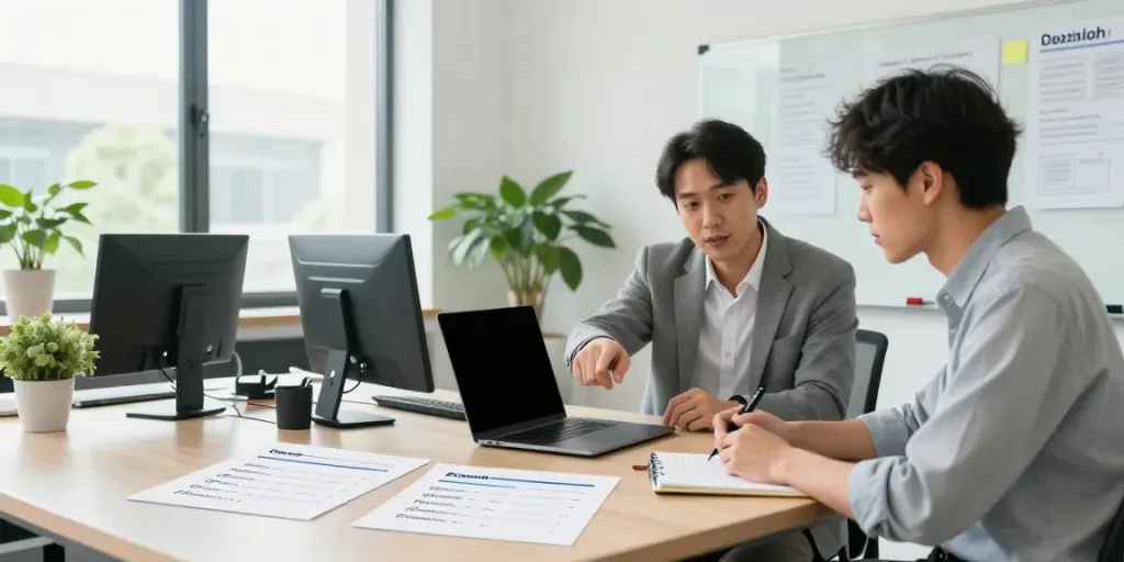Domain name search UK expert helping an entrepreneur in a bright office