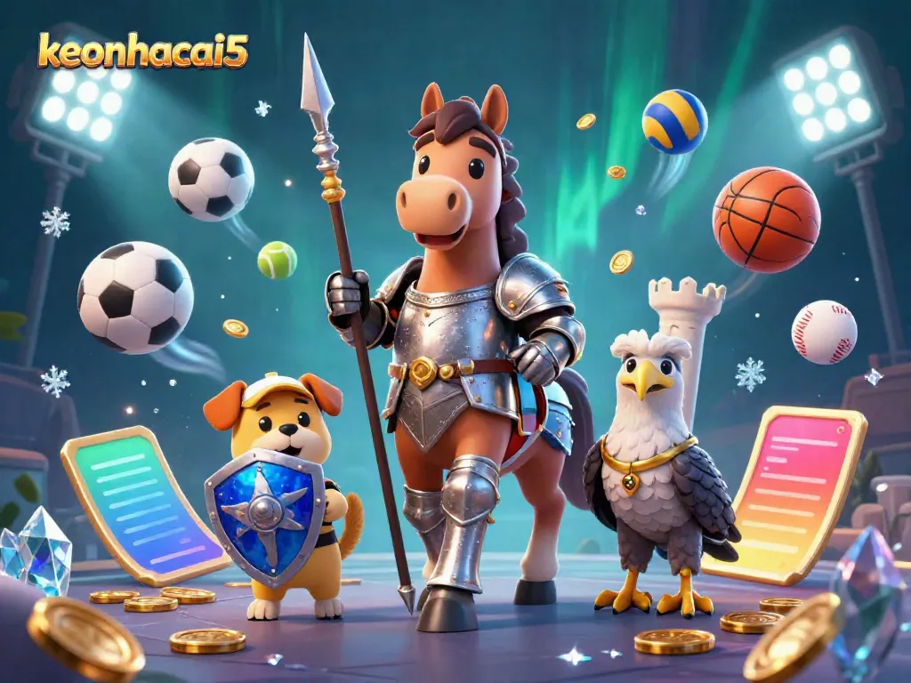 Experience sports betting excitement with keonhacai5 in this vibrant 3D scene of knights and gaming elements.