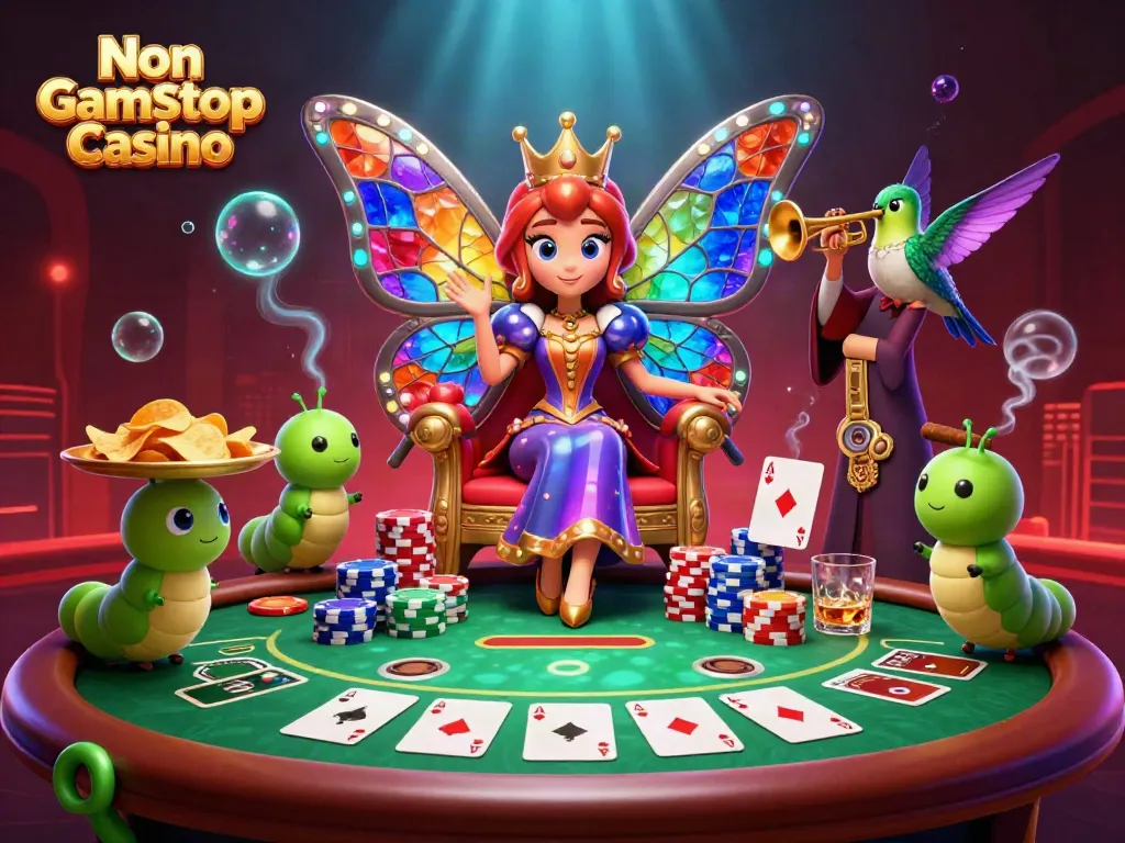 Engage with lively Non Gamstop Casino scene, showcasing colorful characters and poker elements dynamically.