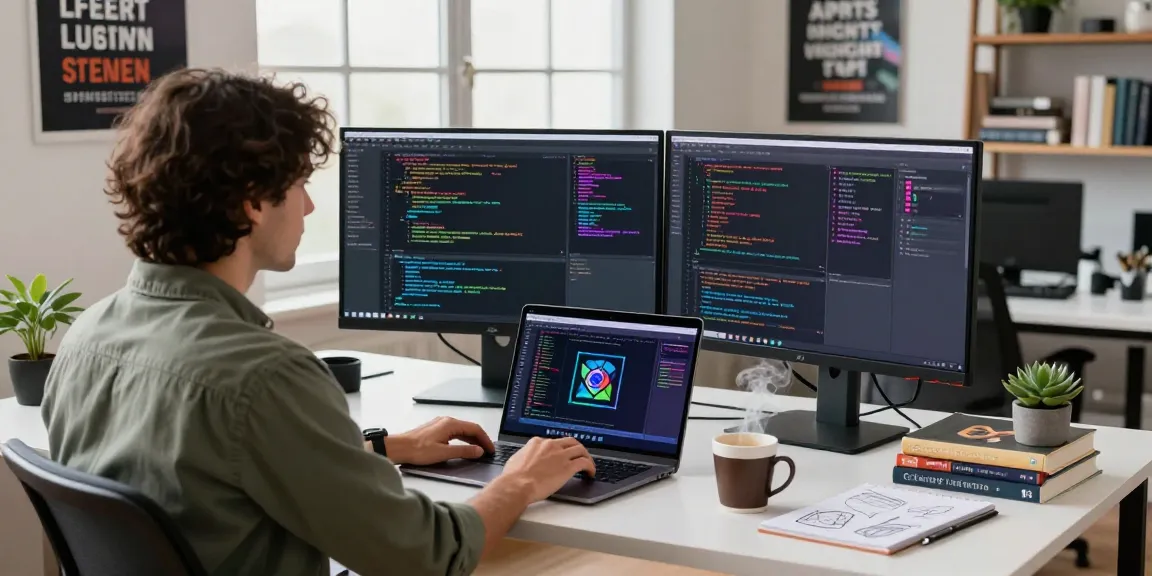 Dynamic tech workspace with an AI image generator screen and code on monitors