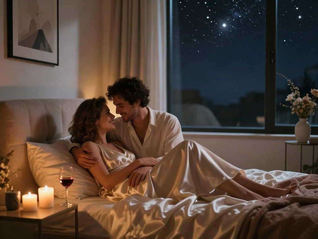 Couple exploring emotional connection in a romantic intimate setting with ai sex elements, soft candlelight, elegant decor.