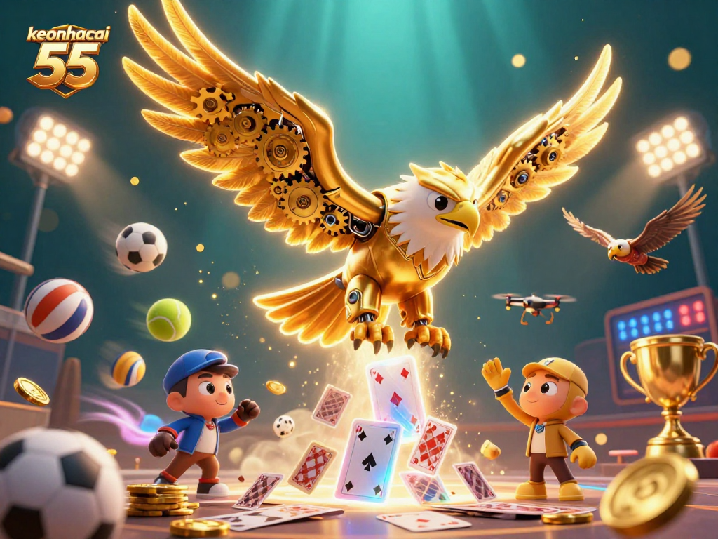 Experience keonhacai 55 with a dynamic scene of sports action, a cybernetic eagle, and gaming elements.