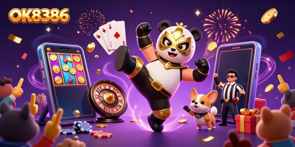 Engage in thrilling gameplay at OK8386 featuring bold casino elements and festive characters.