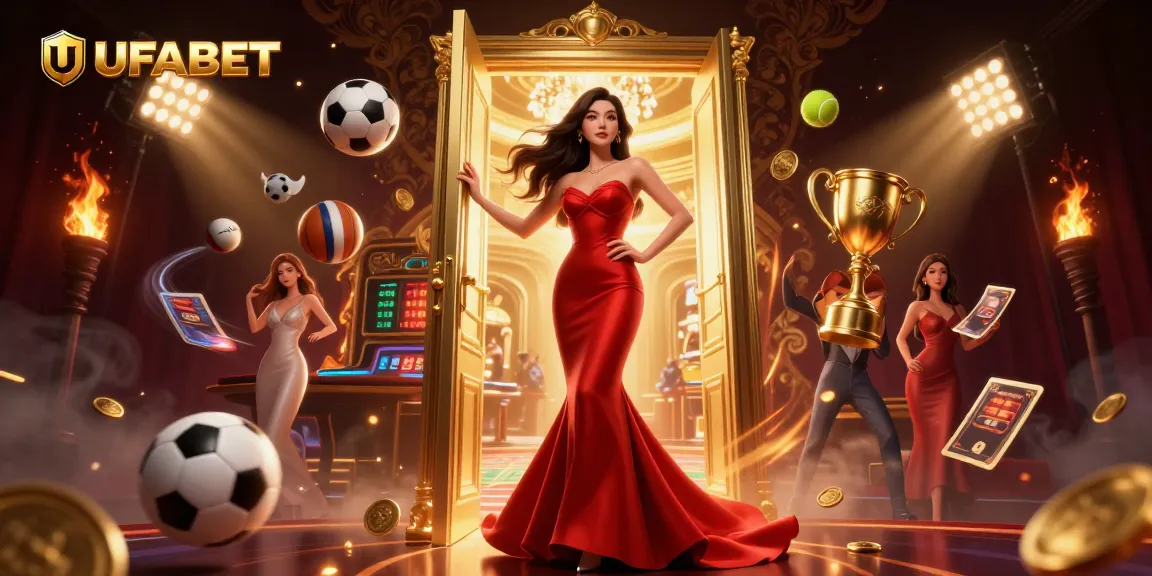 Experience thrilling betting action at UFABET, with a beautiful casino scene enhanced by vibrant sports elements.
